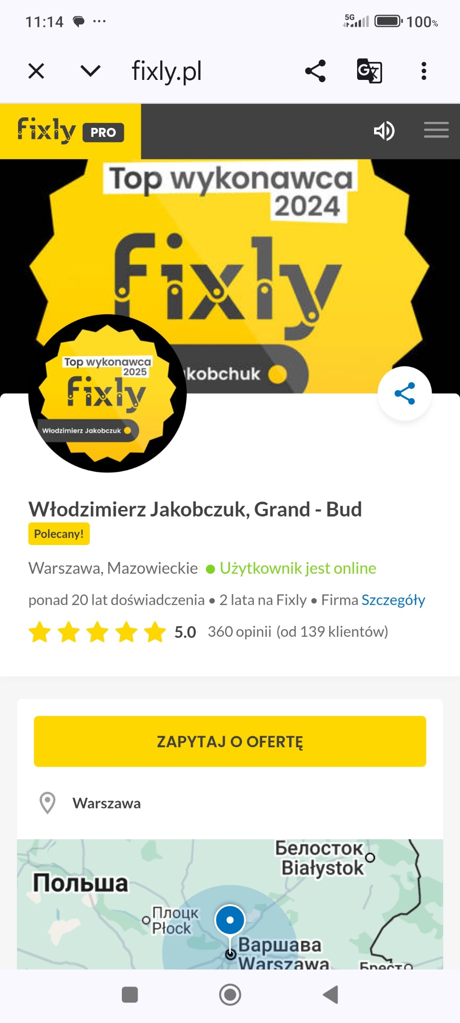 Profil firmy Włodzimierza Jakobczuka (Grand-Bud) na Fixly.pl, z oceną 5.0 i statusem 'Polecany!', widoczny na tle mapy Warszawy i okolic.