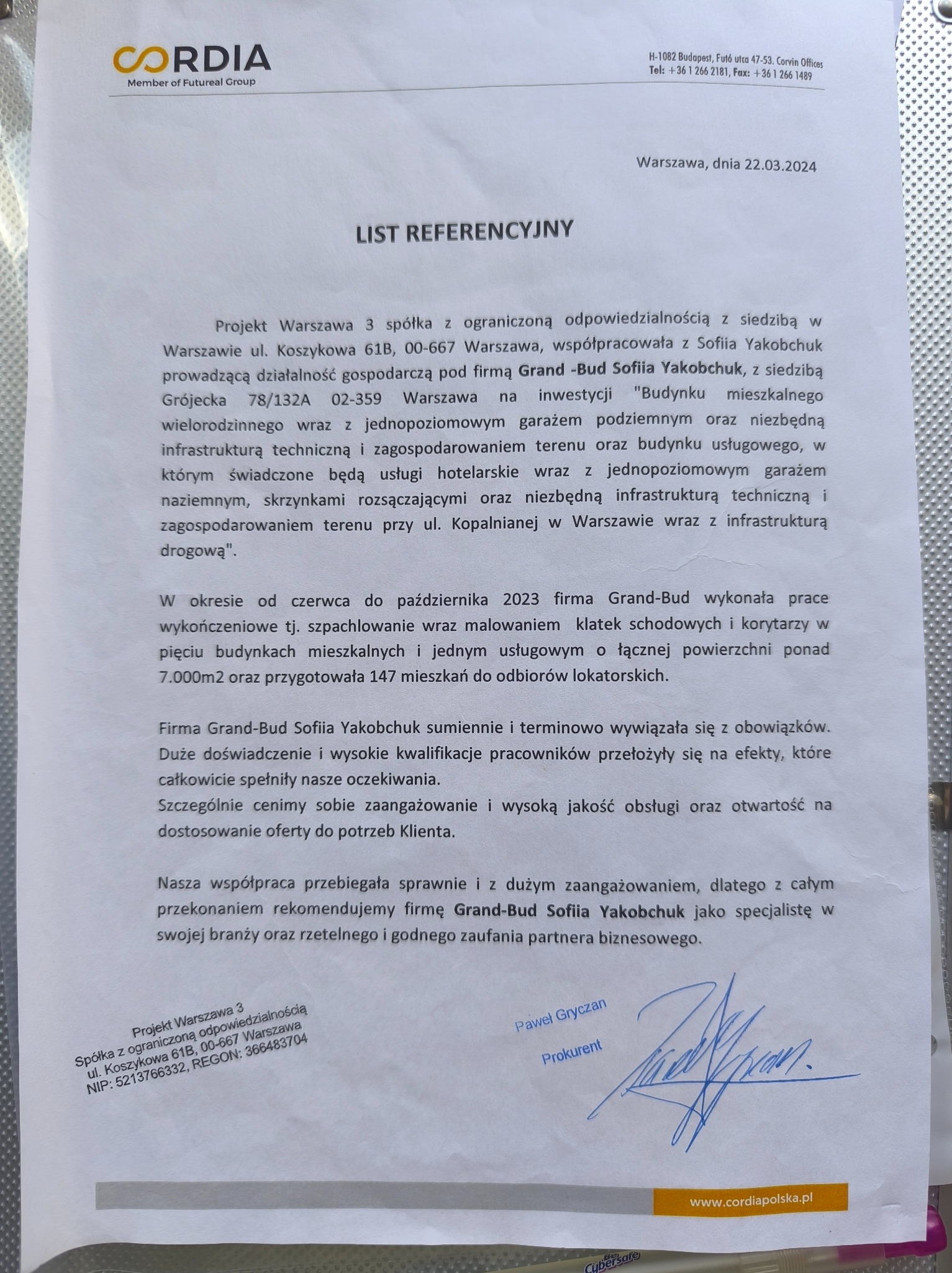 Dokument referencyjny od Cordia Polska dla Grand-Bud Sofiia Yakobchuk, potwierdzający wykonanie prac wykończeniowych, w tym szpachlowania i malowania klatek schodowych.