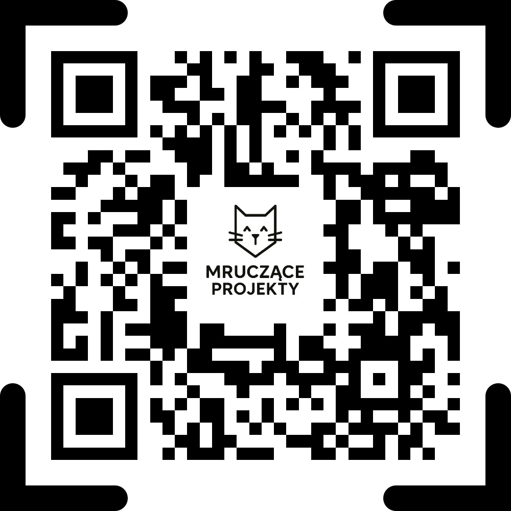 Czarno-biały kod QR z logo 'Mruczące Projekty' w centrum, otoczony kwadratami w rogach. Kod do zeskanowania, prowadzący do strony lub aplikacji.