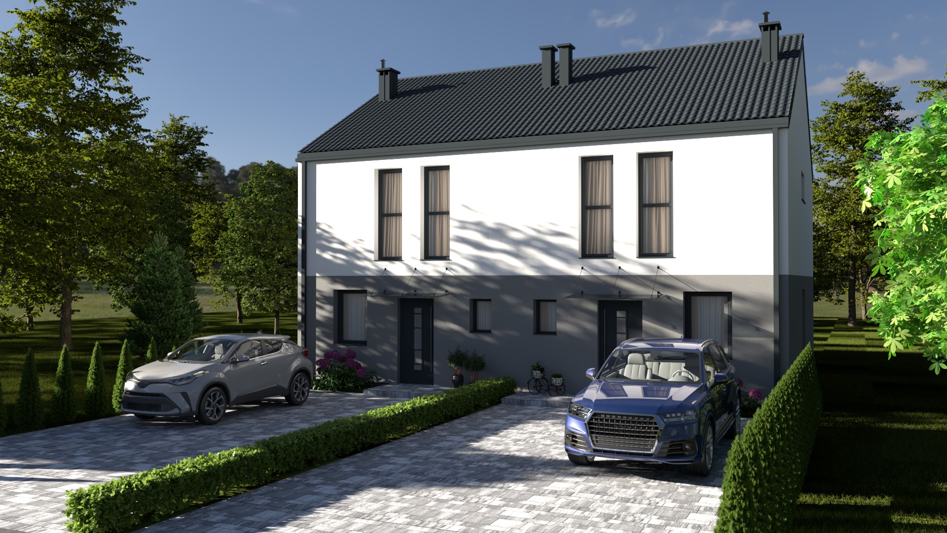 Wizualizacja bliźniaka z szarą dachówką, dwoma samochodami na brukowanym podjeździe i zadbaną zielenią. Nowoczesny design z symetrycznym układem okien i drzwi.