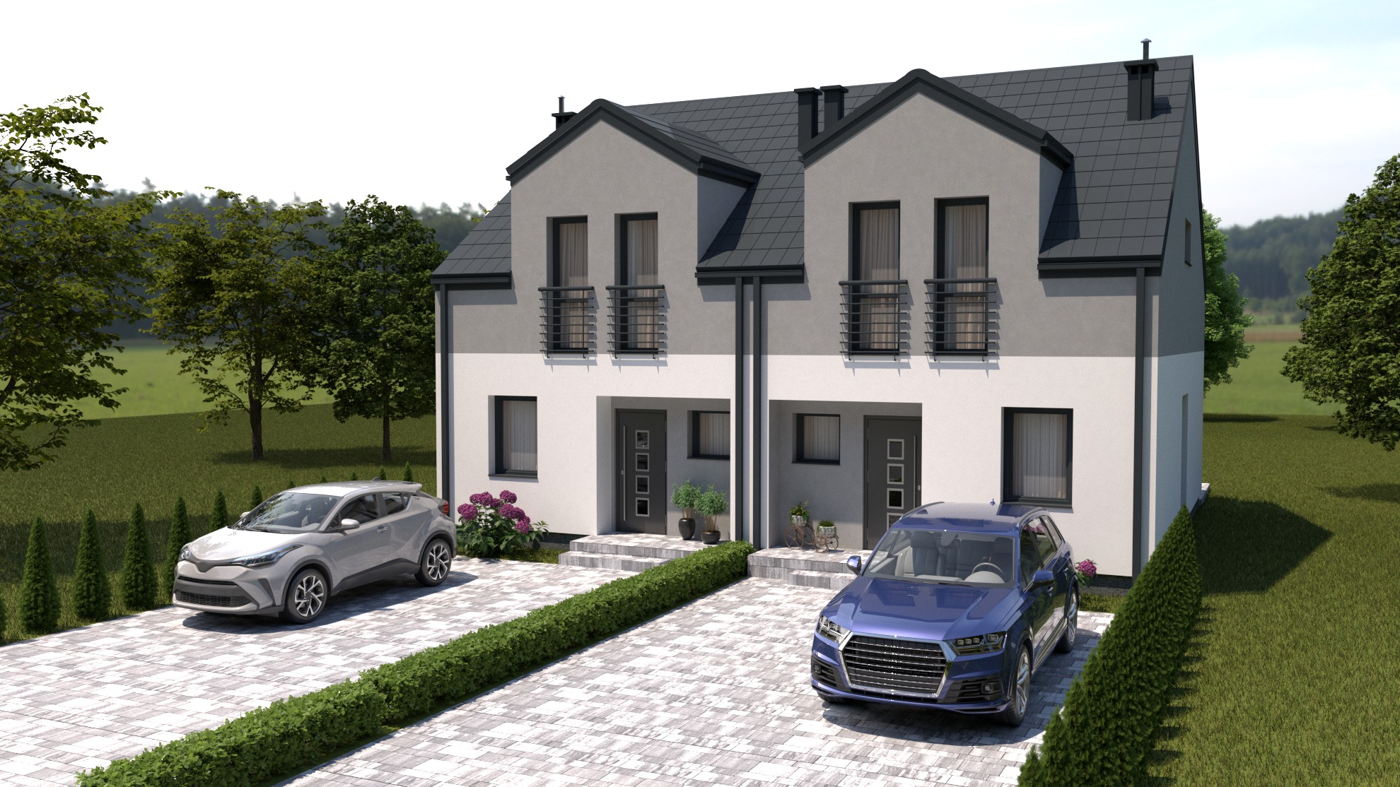 Nowoczesny, dwukondygnacyjny bliźniak z szarą dachówką i balkonami, otoczony zielenią. Na podjeździe zaparkowane dwa samochody osobowe: srebrny i granatowy.