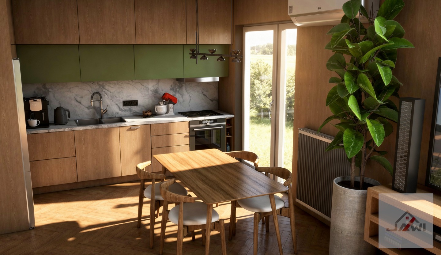 Nowoczesna kuchnia z drewnianymi frontami, zielonymi akcentami i marmurowym blatem. Stół z krzesłami w centrum, roślina doniczkowa przy oknie. Jasne, naturalne światło.