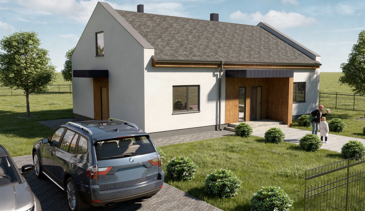 Wizualizacja domu jednorodzinnego z szarą dachówką, dwoma samochodami na podjeździe i dwiema osobami przed wejściem, otoczonego zielenią i ogrodzeniem.
