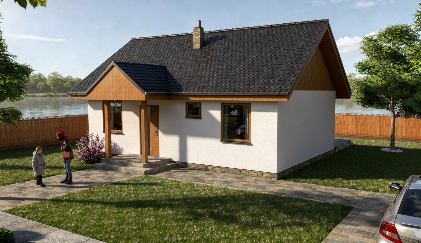 Wizualizacja parterowego domu z ciemnym dachem i drewnianymi elementami wykończeniowymi, z dwiema osobami na pierwszym planie i jeziorem w tle.