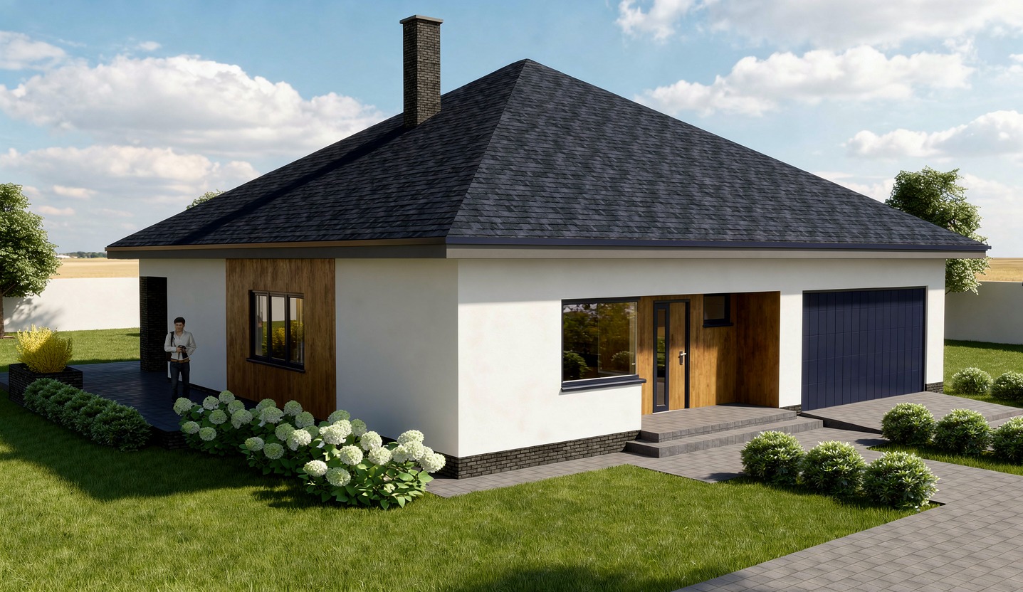 Wizualizacja domu jednorodzinnego z garażem, z ciemną dachówką i elementami drewnianymi na elewacji, otoczona zielenią i kostką brukową. Na ganku stoi postać.