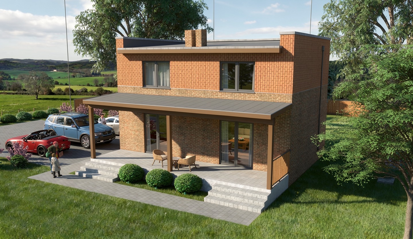 Wizualizacja domu z cegły klinkierowej z zadaszonym tarasem, na którym stoją rattanowe krzesła. Na podjeździe zaparkowane samochody, w tle zielony krajobraz.