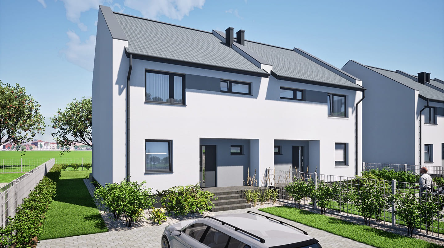 Wizualizacja szeregu nowoczesnych, dwukondygnacyjnych domów z szarymi dachami i białymi elewacjami, otoczonych zielenią i ogrodzeniem. Na pierwszym planie zaparkowany samochód.