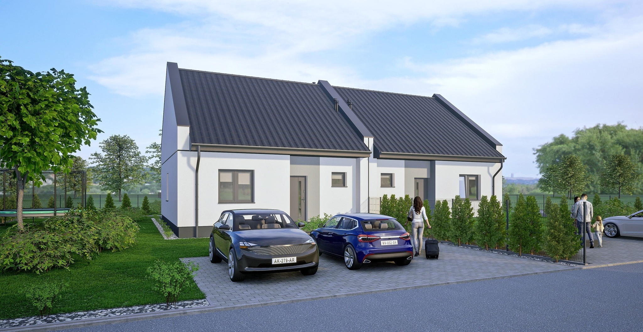 Wizualizacja bliźniaczego domu z ciemnym dachem, dwoma samochodami na podjeździe i rodziną w tle. Nowoczesna architektura z elementami zieleni i minimalistycznym designem.