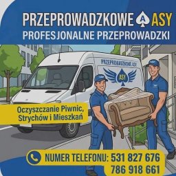 Przeprowadzkowe.asy - Grafika: Dwóch mężczyzn w niebieskich uniformach niesie fotel, w tle biały bus z logo firmy przeprowadzkowej. Reklama usług przeprowadzkowych i opróżniania mieszkań.