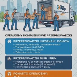 Przeprowadzkowe.asy - Ilustracja: Zespół w niebieskich kombinezonach przenosi meble i kartony do ciężarówki z logo firmy przeprowadzkowej. Oferta obejmuje przeprowadzki mieszkań, biur i opróżnianie.