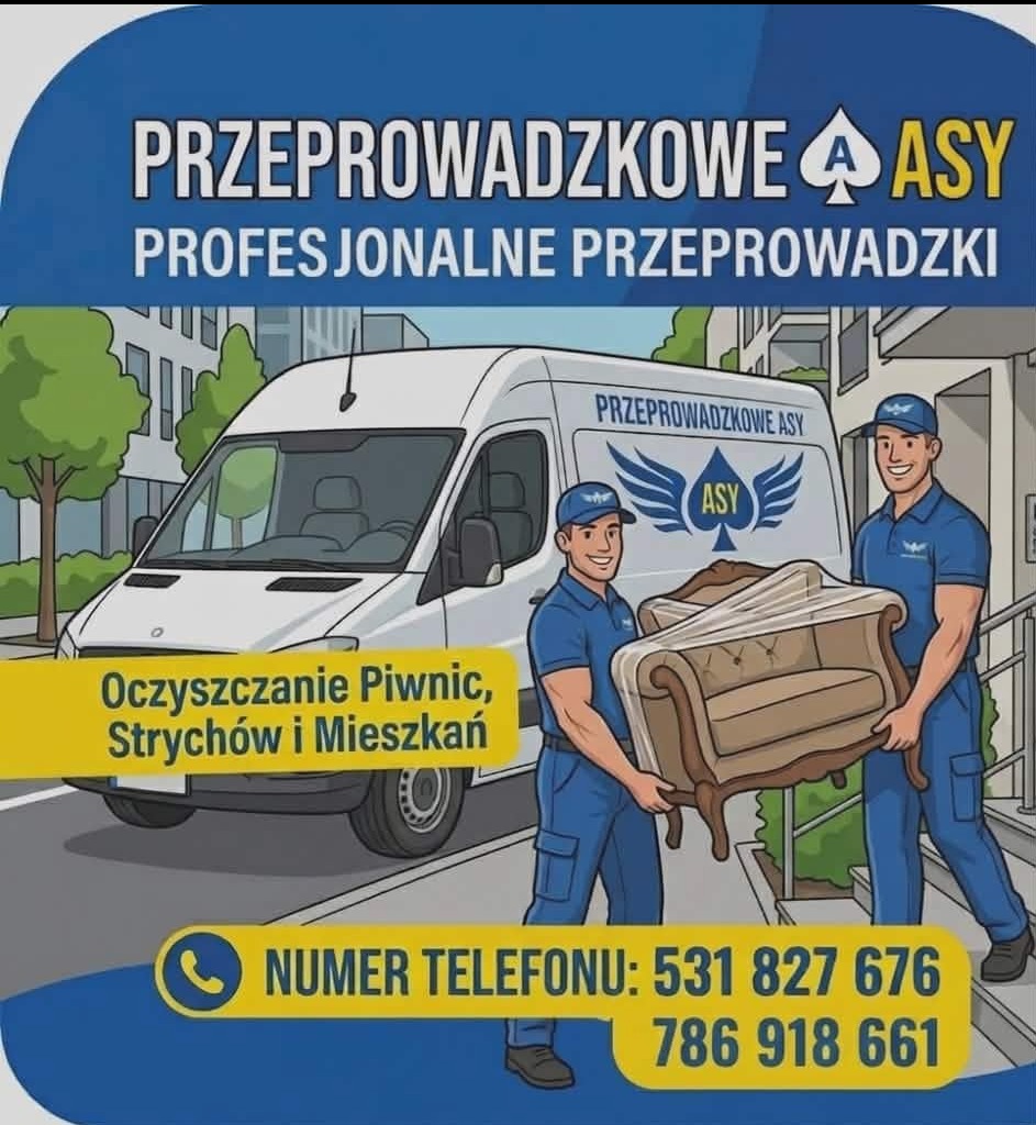 Grafika: Dwóch mężczyzn w niebieskich uniformach niesie fotel, w tle biały bus z logo firmy przeprowadzkowej. Reklama usług przeprowadzkowych i opróżniania mieszkań.
