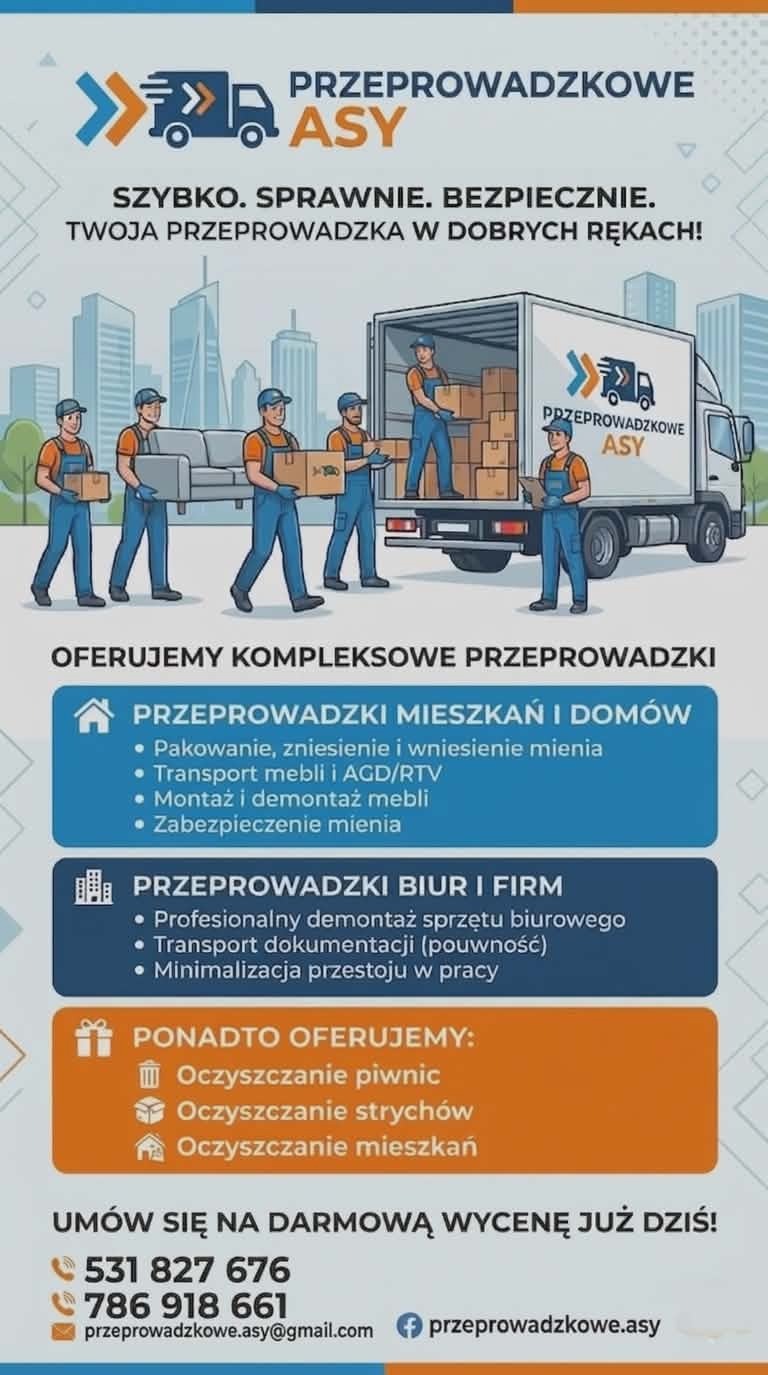 Ilustracja: Zespół w niebieskich kombinezonach przenosi meble i kartony do ciężarówki z logo firmy przeprowadzkowej. Oferta obejmuje przeprowadzki mieszkań, biur i opróżnianie.