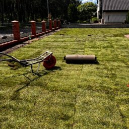 NAK SOLUTIONS SPÓŁKA Z OGRANICZONĄ ODPOWIEDZIALNOŚCIĄ - Układanie trawy z rolki w ogrodzie, widoczna taczka i walec do trawy, fragmenty niezakończonej powierzchni, dom w tle, słoneczny dzień.