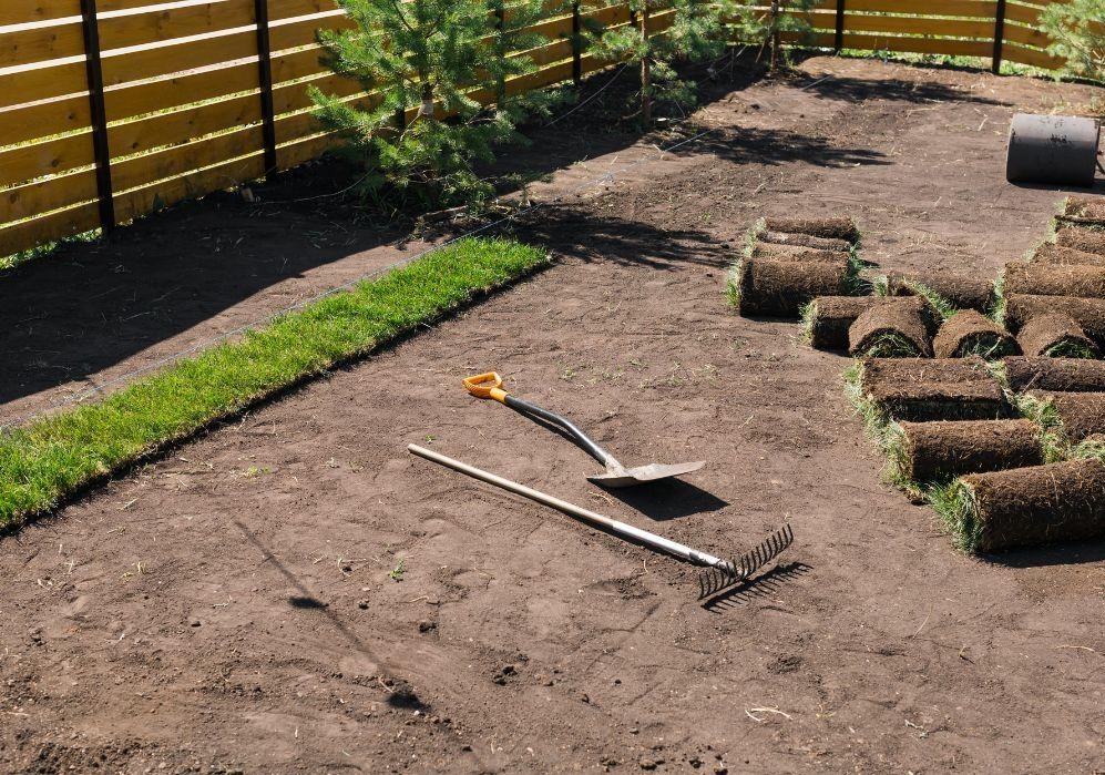 Rozłożona trawa z rolki, szpadel i grabie na przygotowanym podłożu. Częściowo ułożony trawnik przy drewnianym płocie. Rolki trawy czekają na rozłożenie.