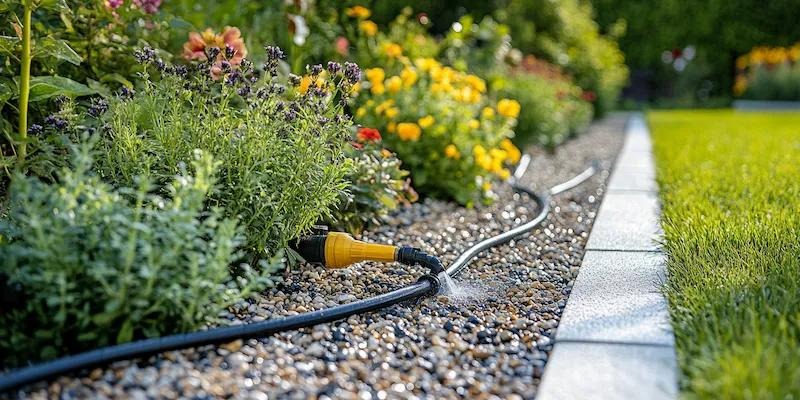 Działający system nawadniania kropelkowego w ogrodzie, z widocznymi roślinami, kamieniami i trawnikiem. Woda tryska z dyszy.