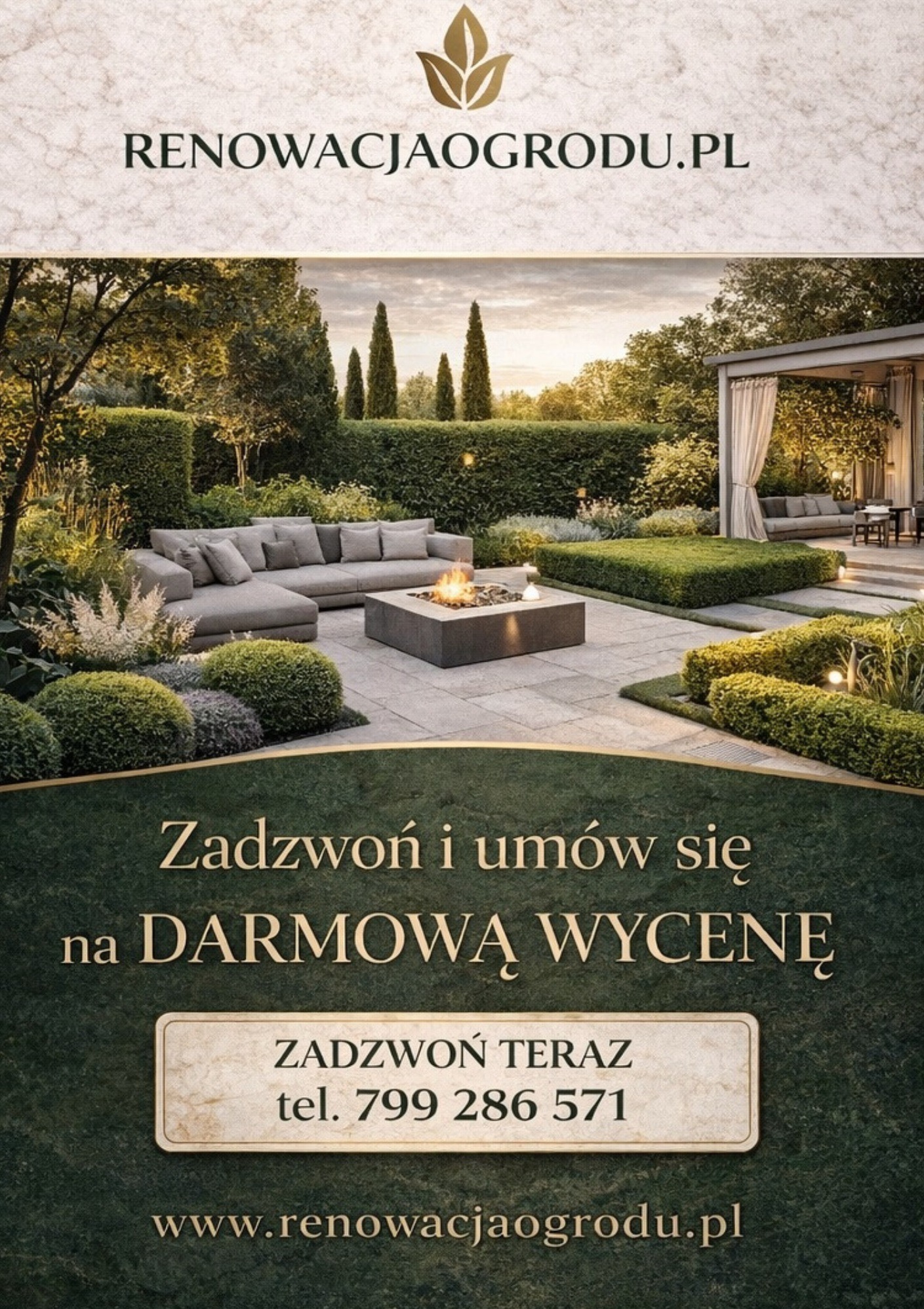 Ekskluzywny ogród z sofą narożną i paleniskiem na kamiennym patio, otoczony równo przyciętymi żywopłotami i oświetleniem. Reklama z numerem telefonu i adresem strony.