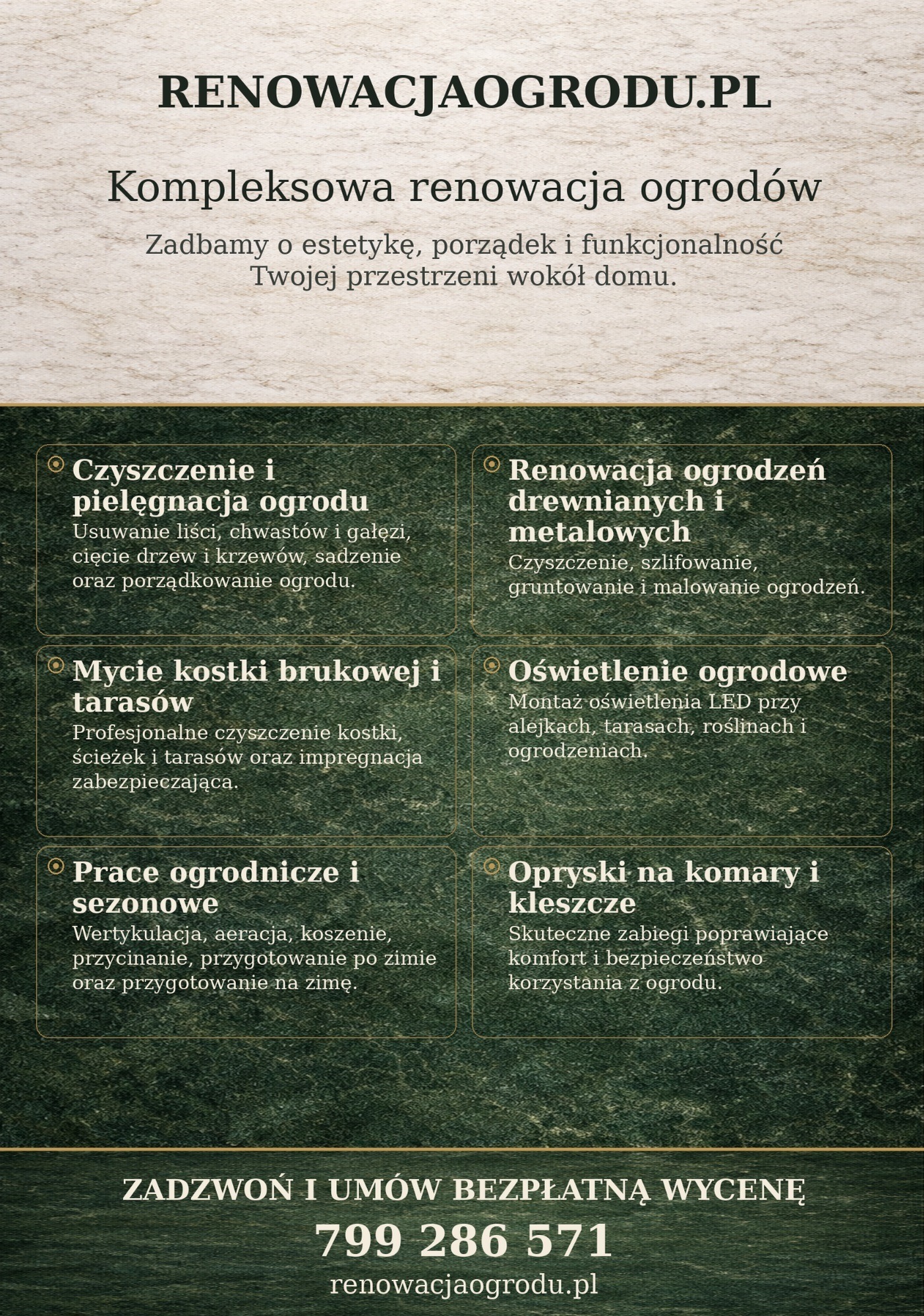 Kompleksowa renowacja ogrodów: czyszczenie, pielęgnacja, renowacja ogrodzeń, mycie kostki, oświetlenie, prace sezonowe, opryski. Zadzwoń po bezpłatną wycenę!