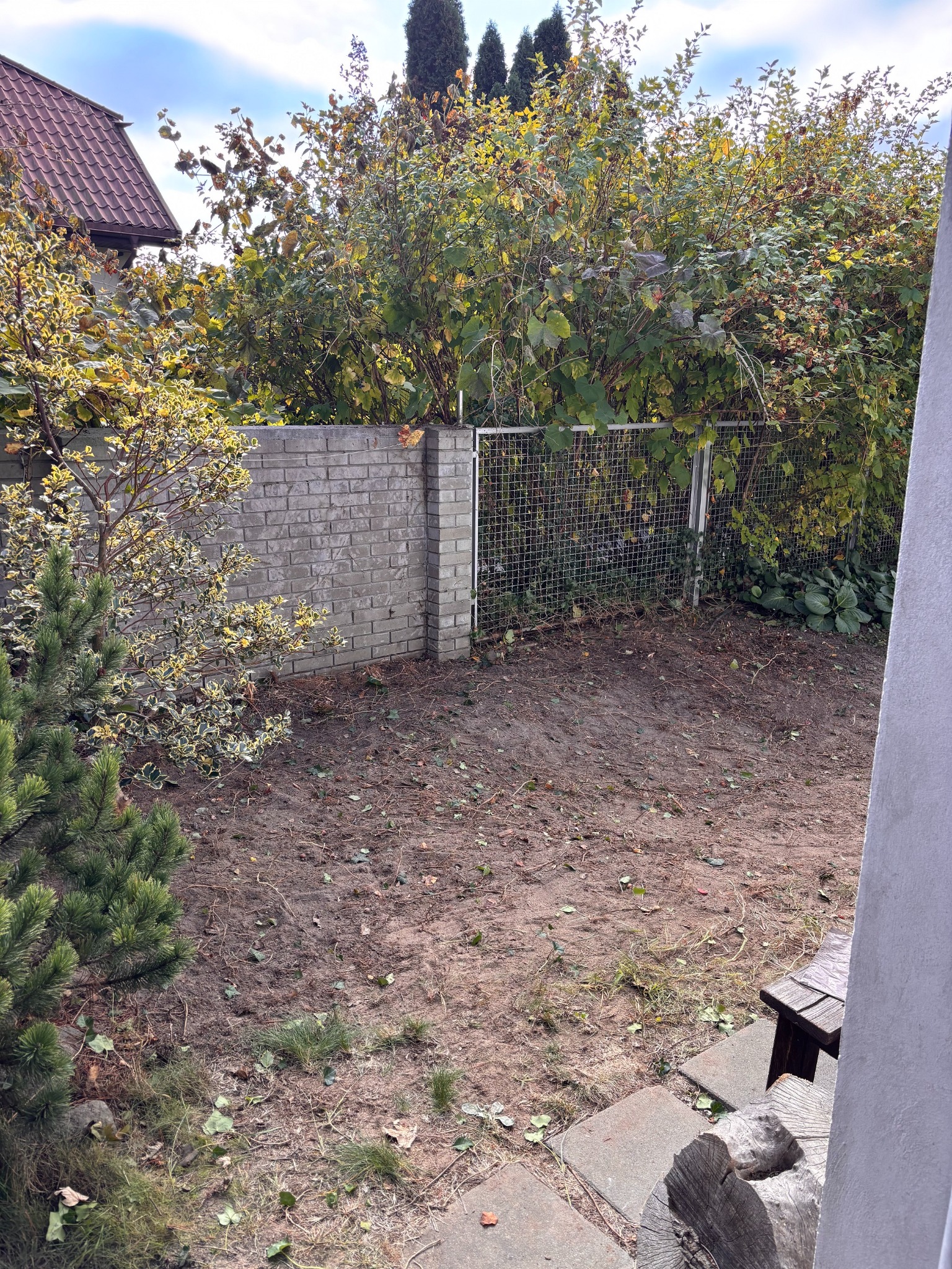 Oczyszczony teren działki z widocznym ogrodzeniem z siatki i fragmentem muru. Na ziemi leżą resztki roślinności. W tle zieleń drzew i krzewów.
