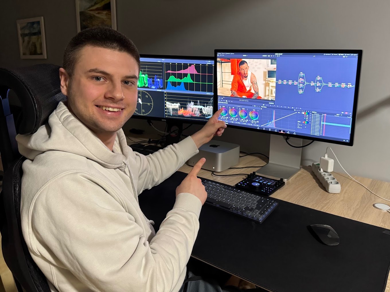 Uśmiechnięty mężczyzna wskazuje na monitory z edytowanym wideo i wykresami kolorów. Widoczny komputer Mac Studio, klawiatura i panel sterowania. Scena edycji wideo.