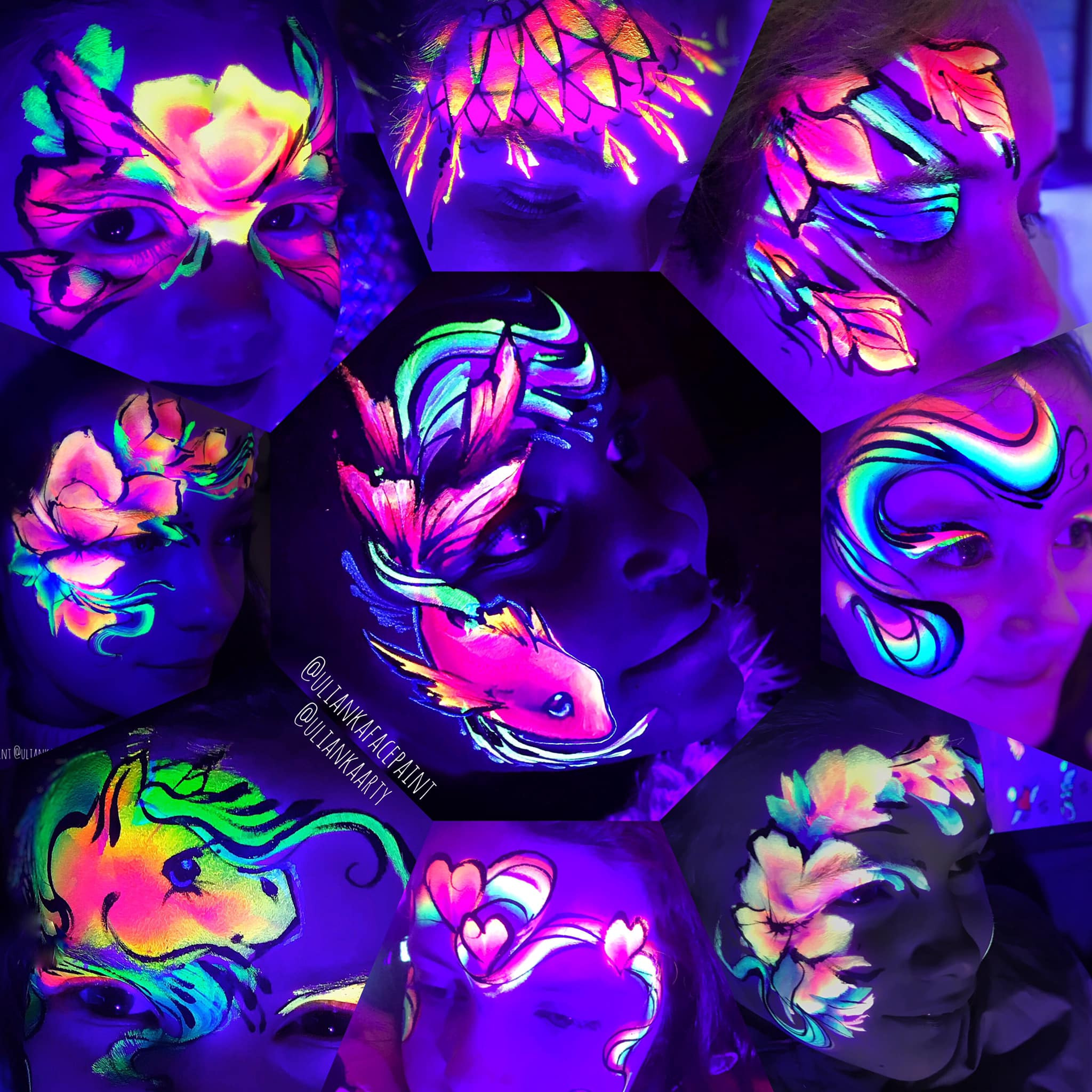 Kolaż ośmiu zbliżeń twarzy z fluorescencyjnymi malunkami: kwiaty, ryba, jednorożec, serca. Czarno-fioletowe tło, intensywne, neonowe kolory farb.