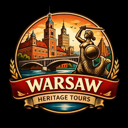 Grafika Warszawy: Zamek Królewski, most, Syrenka z mieczem i napis 'Warsaw Heritage Tours' w ozdobnej ramie na czarnym tle. Promocja wycieczek.