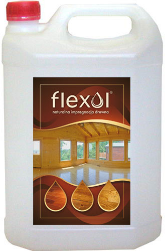 Plastikowy kanister z etykietą impregnatu do drewna Flexol, prezentujący wizualizację drewnianego wnętrza z oknami i kroplami z różnymi odcieniami drewna.