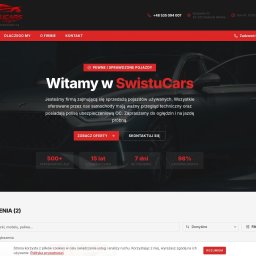 Derfox - Strona internetowa firmy SwistuCars z ofertą sprzedaży samochodów używanych. Ciemne tło, czerwone akcenty, hasło 'Pewne i sprawdzone pojazdy'.
