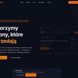 Derfox - Strona internetowa firmy DerFox z hasłem 'Tworzymy strony, które sprzedają'. Widoczne menu, przyciski CTA i statystyki: 50+ projektów, 100% zadowolonych klientów.