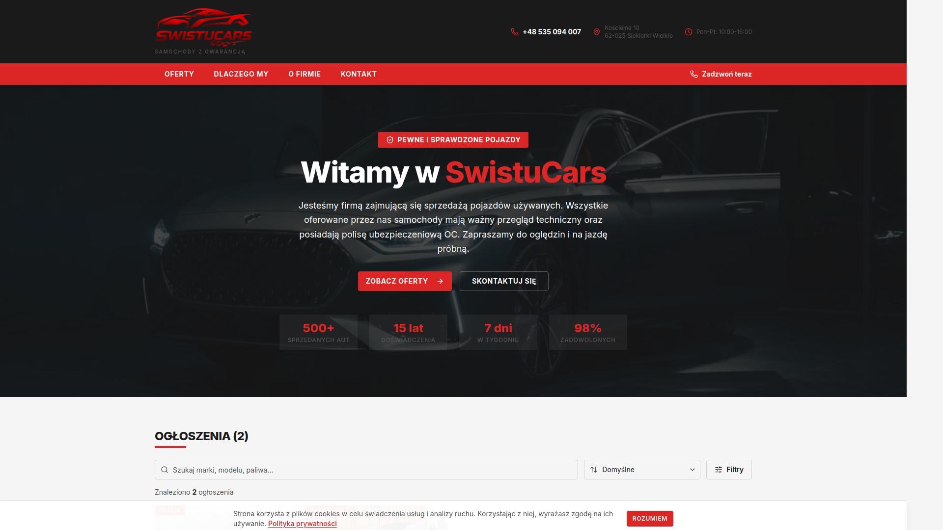 Strona internetowa firmy SwistuCars z ofertą sprzedaży samochodów używanych. Ciemne tło, czerwone akcenty, hasło 'Pewne i sprawdzone pojazdy'.
