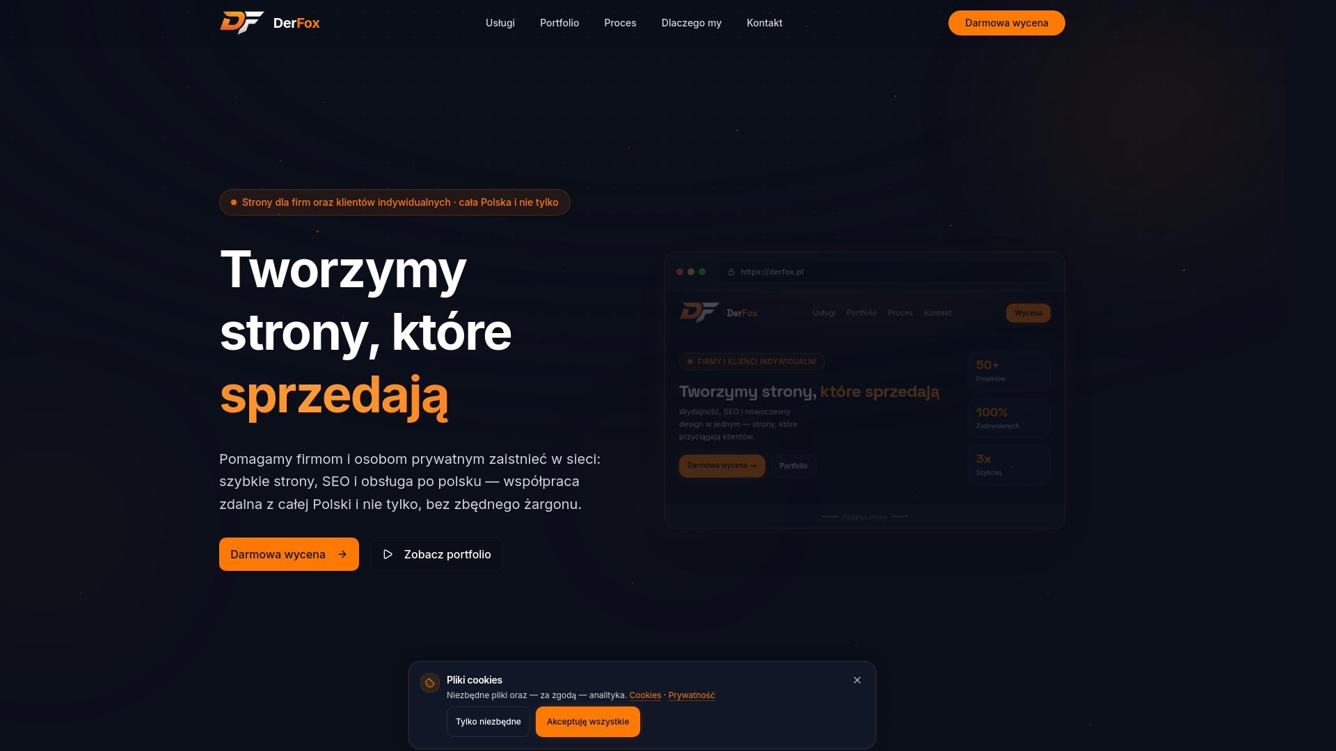 Strona internetowa firmy DerFox z hasłem 'Tworzymy strony, które sprzedają'. Widoczne menu, przyciski CTA i statystyki: 50+ projektów, 100% zadowolonych klientów.