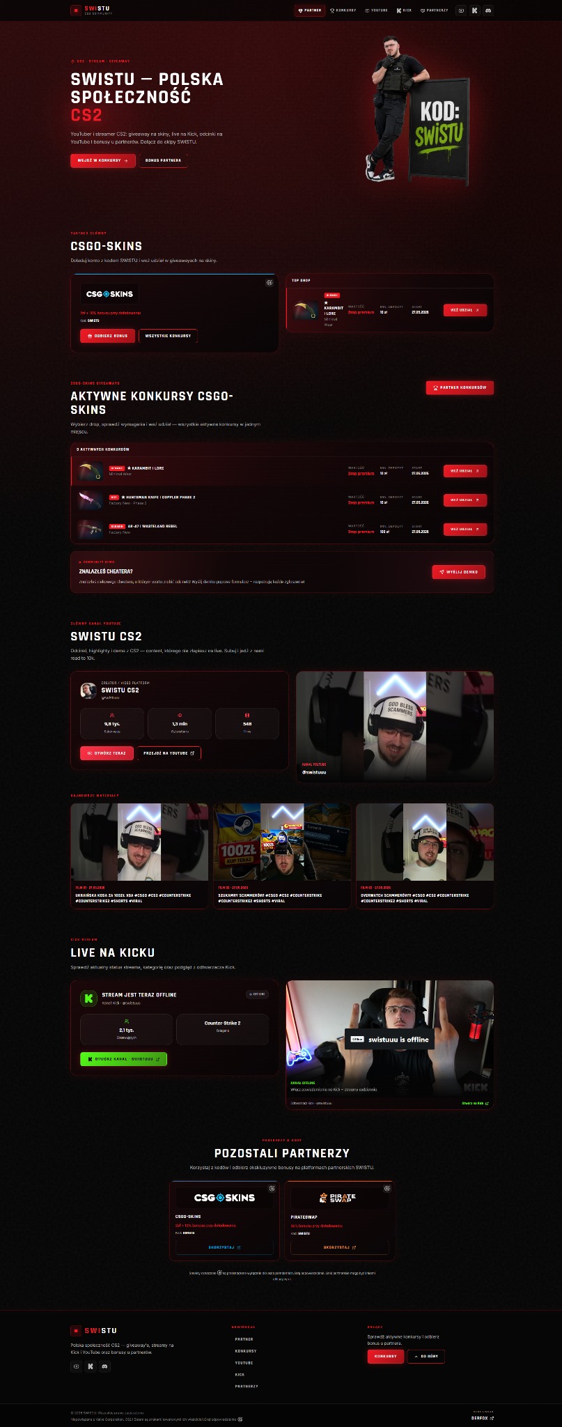 Strona internetowa Swistu, polskiej społeczności CS2, z informacjami o giveawayach, streamach na Kicku, odcinkach na YouTube i bonusach u partnerów. Ciemna kolorystyka.