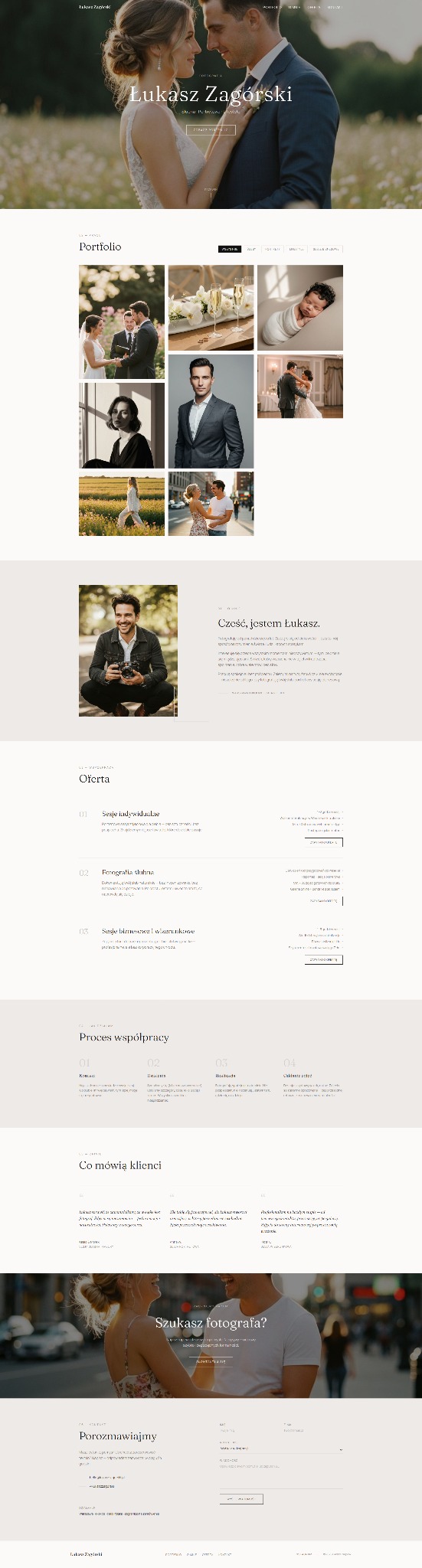 Strona internetowa fotografa ślubnego z portfolio, ofertą sesji indywidualnych i biznesowych, procesem współpracy i opiniami klientów. Minimalistyczny design.