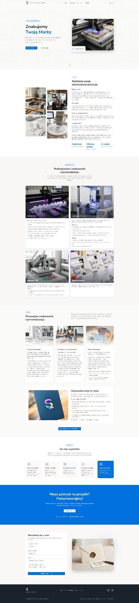Strona internetowa firmy oferującej znakowanie i personalizację produktów. Widoczne zdjęcia maszyn do znakowania, przykłady realizacji i formularz kontaktowy.