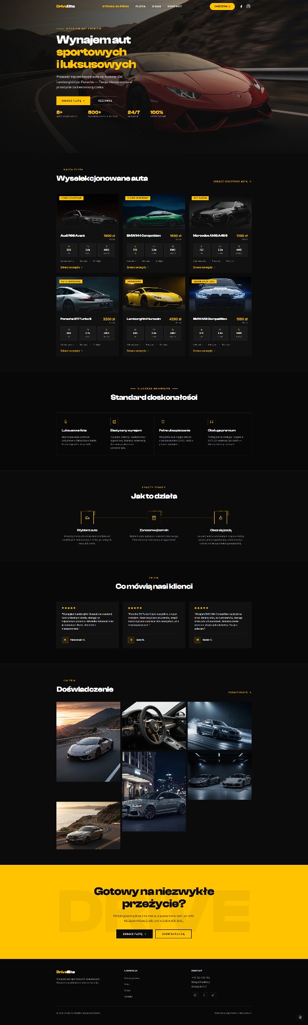 Strona internetowa z ofertą wynajmu luksusowych aut sportowych. Ciemne tło, żółte akcenty, zdjęcia aut, sekcje z opisami, opinie klientów, stopka. Nowoczesny design.