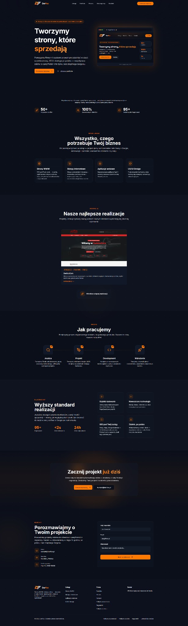 Nowoczesna strona internetowa z hasłem 'Tworzymy strony, które sprzedają' i elementami UX/UI. Prezentacja portfolio i procesu tworzenia stron. Grafika w ciemnej tonacji.