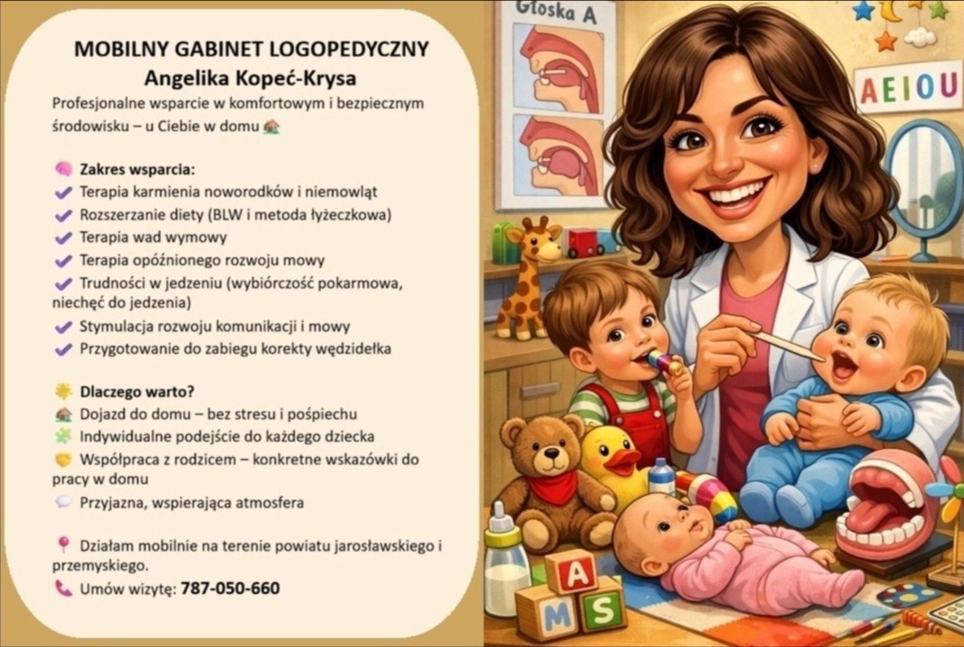 Ilustracja: logopeda z dziećmi podczas terapii. Widoczne pomoce edukacyjne i przyjazna atmosfera gabinetu. Oferta mobilnego gabinetu logopedycznego.