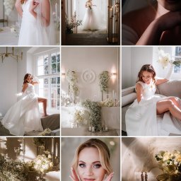 Miękka Sztuka Fotografia - Kolaż z sesji ślubnej: panna młoda w różnych ujęciach, detale dekoracji kwiatowych, zaproszenia ślubne, portret kobiety z makijażem. Jasne wnętrza, elegancki styl.