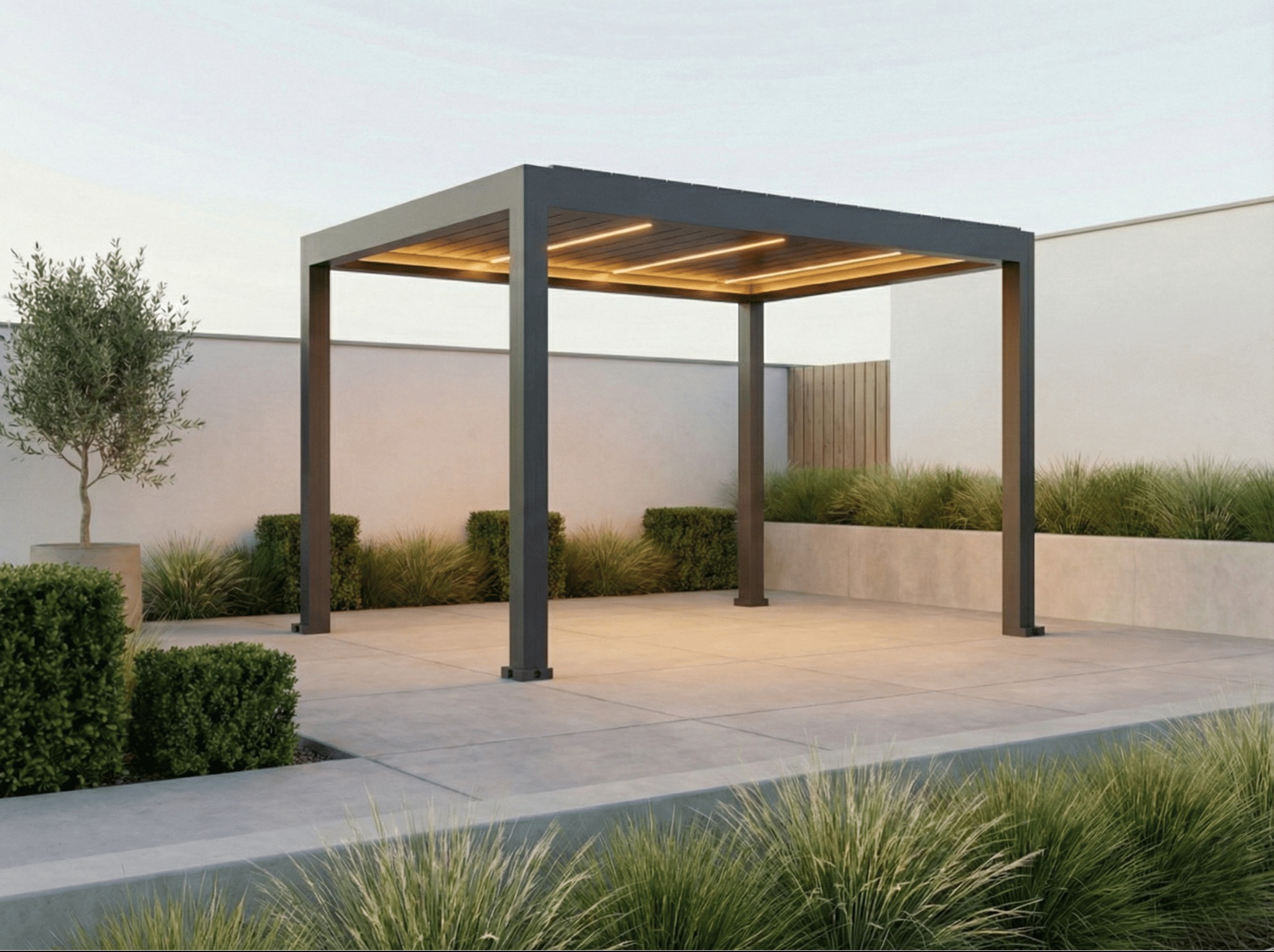 Nowoczesna, grafitowa pergola metalowa z subtelnym oświetleniem LED, otoczona zielenią. Minimalistyczny design, jasne tło, równomierne oświetlenie.