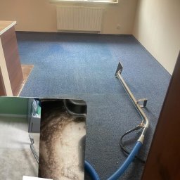 PROCLEANERS - Niebieski dywan po czyszczeniu z widocznym sprzętem do prania i zbliżeniem na brudną wodę po procesie, ukazując efekt usługi.