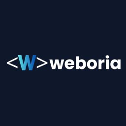 Michał Szczęsny - Logo firmy Weboria z symbolem kodu HTML i gradientem koloru niebieskiego na ciemnym tle. Minimalistyczny design, nowoczesny branding.