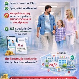 UBEZPIECZAJTANIO - multiagencja ubezpieczeniowa - Grafika reklamowa Ergo Zdrowie: rodzina w szpitalnym korytarzu, informacje o dostępności lekarzy i specjalistów, wizyty bezpłatne, opieka 24/7, kontakt.