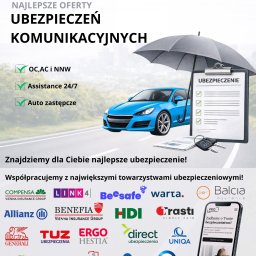 Pro Ubezpieczenia Koszalin - Patryk Celiński - Oferta ubezpieczeń komunikacyjnych: auto pod parasolem, lista korzyści (OC, AC, NNW, assistance, auto zastępcze), logotypy towarzystw i kontakt. Reklama na smartfonie.