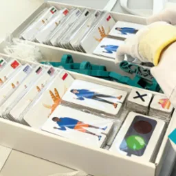 Ręce w rękawiczkach układają zapakowane karty z ilustracjami w pudełku, widoczne flagi państw, grafiki postaci i sygnalizacji świetlnej. Kompletny zestaw edukacyjny.