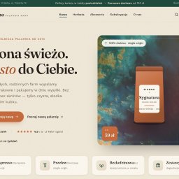 Szymon Dunaj - Zrzut ekranu strony głównej palarni kawy 'Ziarno' z hasłem 'Palona świeżo. Prosto do Ciebie.', prezentujący kawę 'Sygnatura House Blend' na tle turkusowej grafiki. Widoczne menu i przyciski CTA.