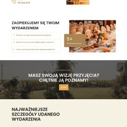 Adam Machaj - Strona internetowa sali weselnej 'Restauracja Baron' z sekcją 'O nas', prezentująca rzeźbę z nazwą i detale wnętrza. Kremowe tło, czytelna typografia, profesjonalny wygląd.