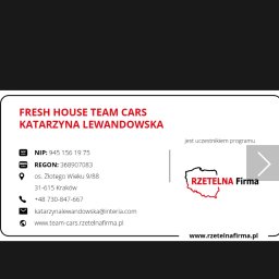 FRESH HOUSE TEAM CARS KATARZYNA LEWANDOWSKA - Wizytówka firmy sprzątającej Fresh House Team Cars Katarzyny Lewandowskiej, uczestnika programu Rzetelna Firma, z danymi kontaktowymi i logo.