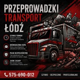 Twoje Przeprowadzki-Transport - Grafika transportowa: ciężarówka z ładunkiem, napis 'Przeprowadzki Transport Łódź', szybkie terminy, doświadczona ekipa, pełne bezpieczeństwo, jasne zasady.