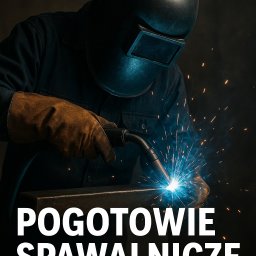 SPAW-MET - Spawacz w masce ochronnej, w trakcie spawania metalu. Widoczne iskry i profesjonalny sprzęt spawalniczy. Ujęcie z bliska, ciemne tło.