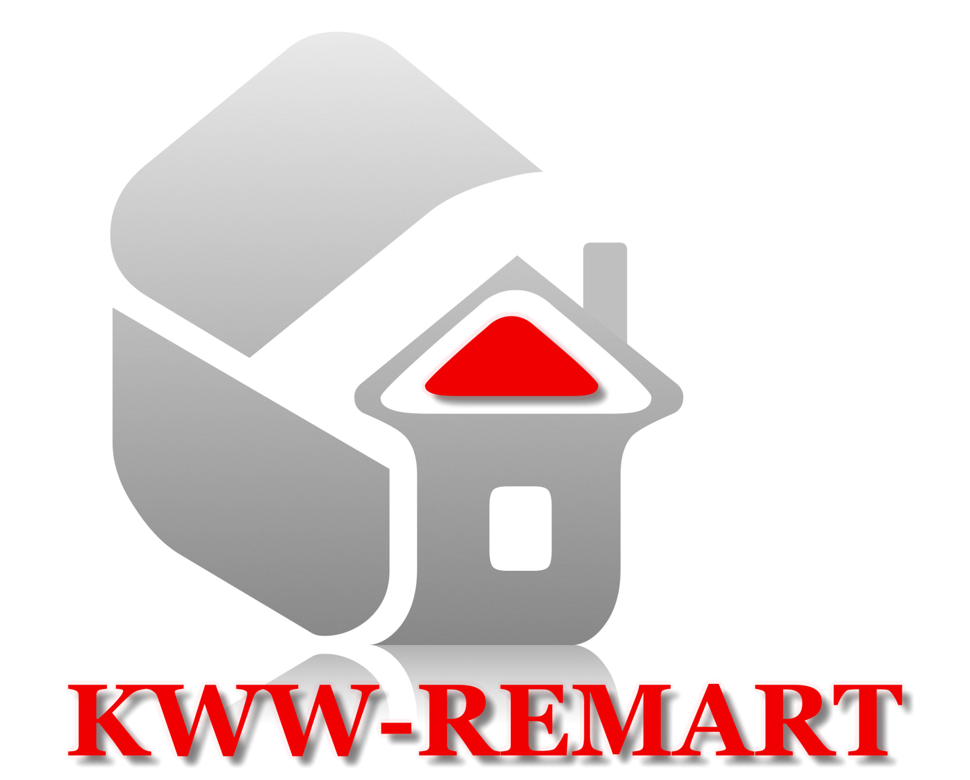 Logo firmy KWW-REMART z motywem domu i abstrakcyjnym kształtem, w kolorach szarości i czerwieni, z efektem odbicia.
