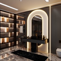 DETAIL SPACE - Nowoczesna łazienka z marmurową podłogą, podświetlanym lustrem w kształcie łuku i półkami z dekoracyjnym oświetleniem. Minimalistyczny design z akcentami złota.
